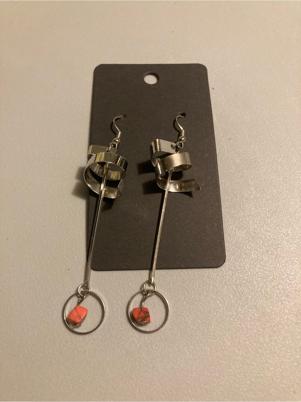 Silver Spiral Drop Earrings with Coral Accent